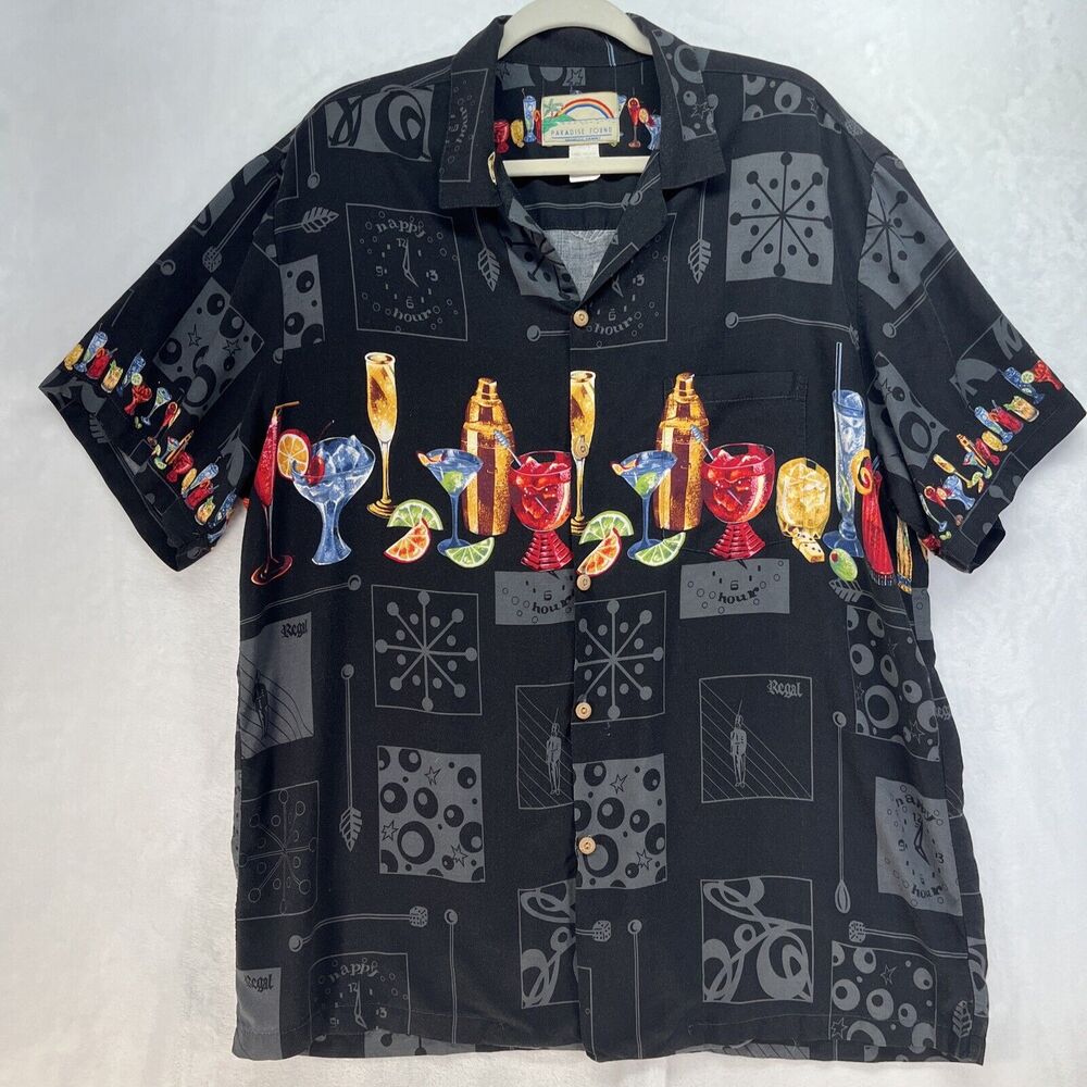 Paradise Found Hawaiian Shirt Mens Sz XL Short Sleeve Button Down Happy Hour VTG